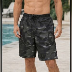 Texfit Camo Swim Trunks Men's Small Black Grey Camouflage Board Shorts NWOT